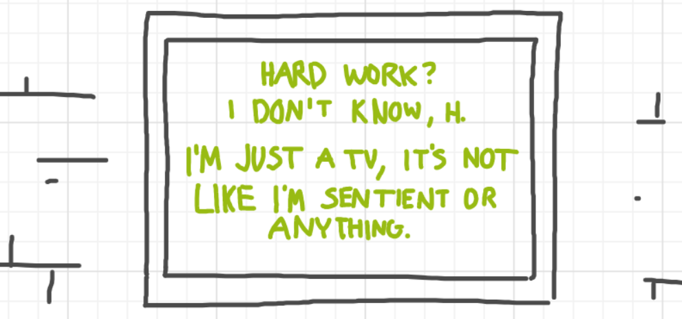 A panel from I've Been Everywhere, Man, episode nine of the Board Boards object show by Furretwalk/WalkingFurret.